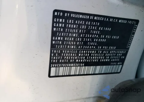 2022 Volkswagen Taos S из США, поврежденный, VIN 3VVCX7B26NM036104